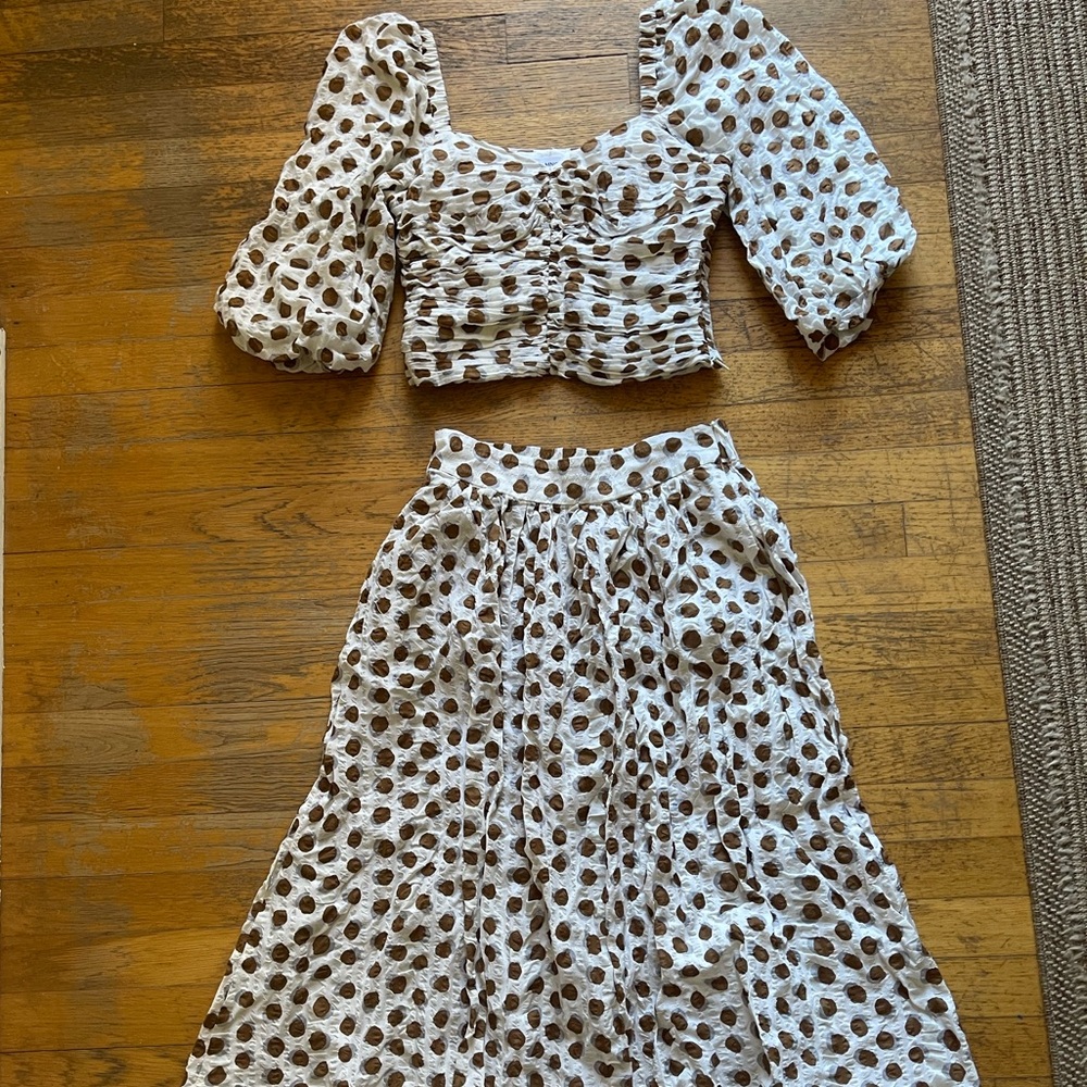 Mango White and Brown Polka Dot Skirt Set